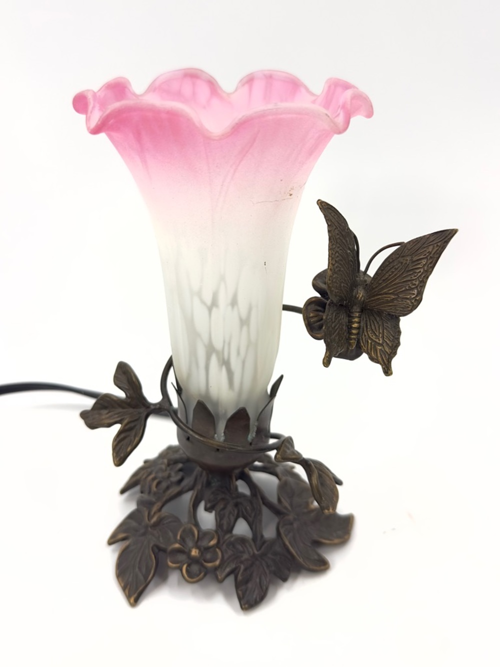 Vintage Andrea By Sadek Butterfly Lamp Frosted Pink Fluted Glass Metal Base 1996